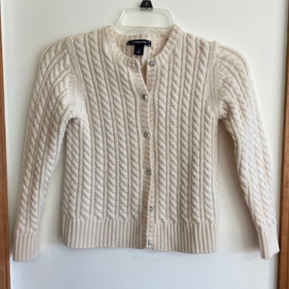LANDS' END Wool Cable Cardigan Sweater Off White Crystal Button Girl S 7…